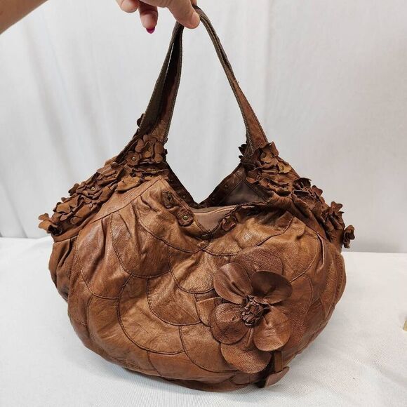 Women's Soft Brown Leather Hobo Floral Appliqué Shoulder Handbag - Picture 1 of 12